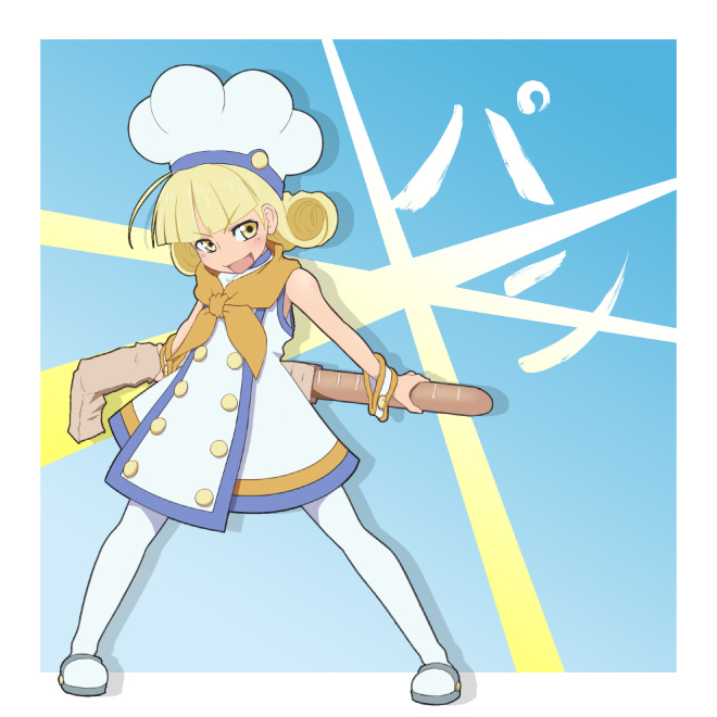 blonde_hair, blue_background, bread, food, harriet_raynard, hat, mimi_bread, muumuu, pantyhose, short_hair, solo, tales_of_(series), tales_of_legendia, yellow_eyes