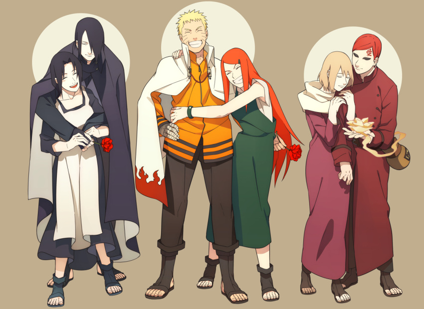 3boys, 3girls, black_hair, blonde_hair, cape, carnation, cloak, closed_eyes