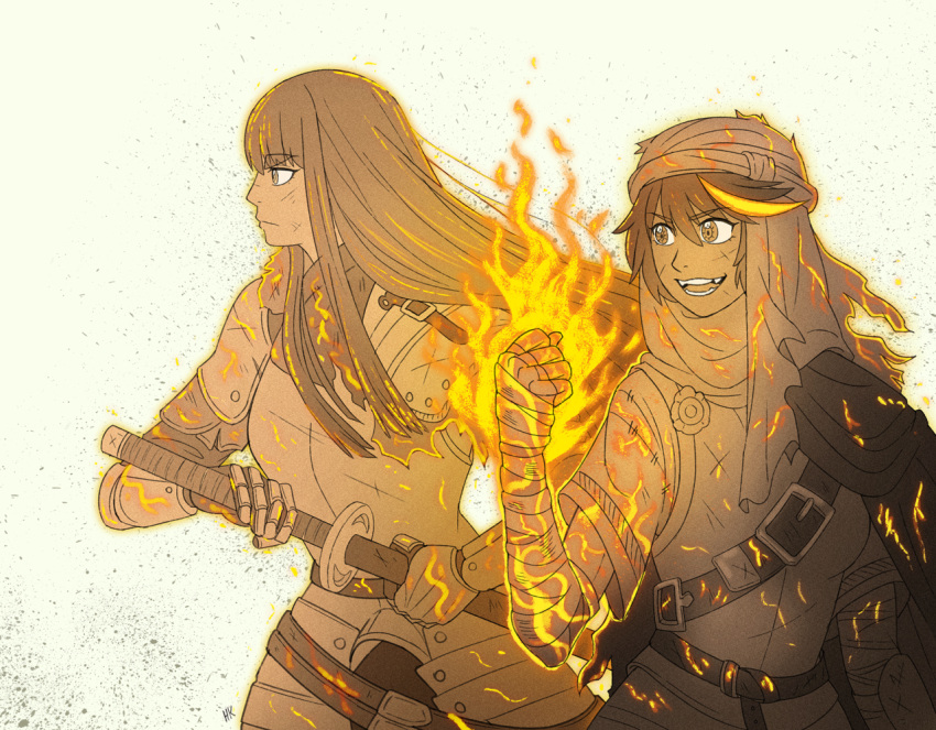 2girls, :d, armor, bandages, belt_buckle, buckle, crazy_eyes, crossover