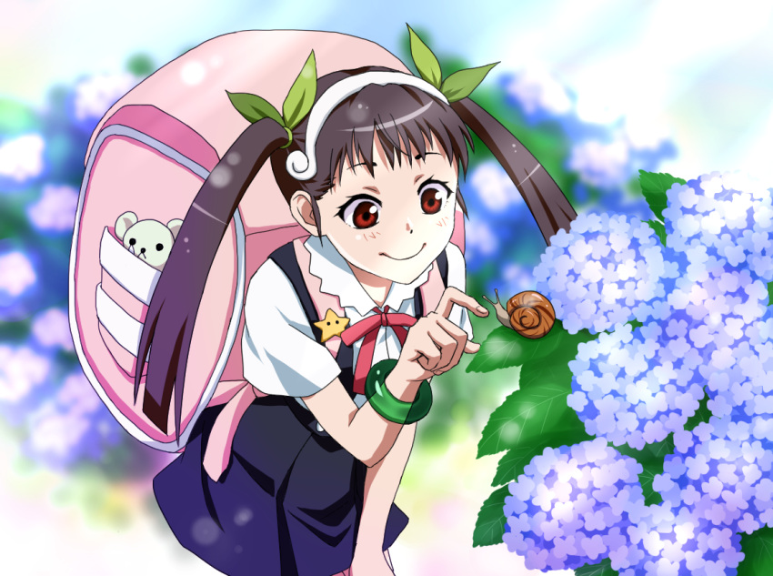 1girl, backpack, bag, bakemonogatari, black_hair, flower, hachikuji_mayoi, hairband