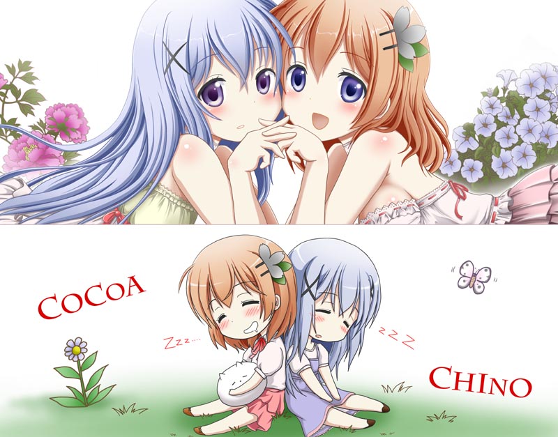 2girls, angora_rabbit, butterfly, commentary_request, final_(artist), gochuumon_wa_usagi_desu_ka?, hoto_cocoa, kafuu_chino