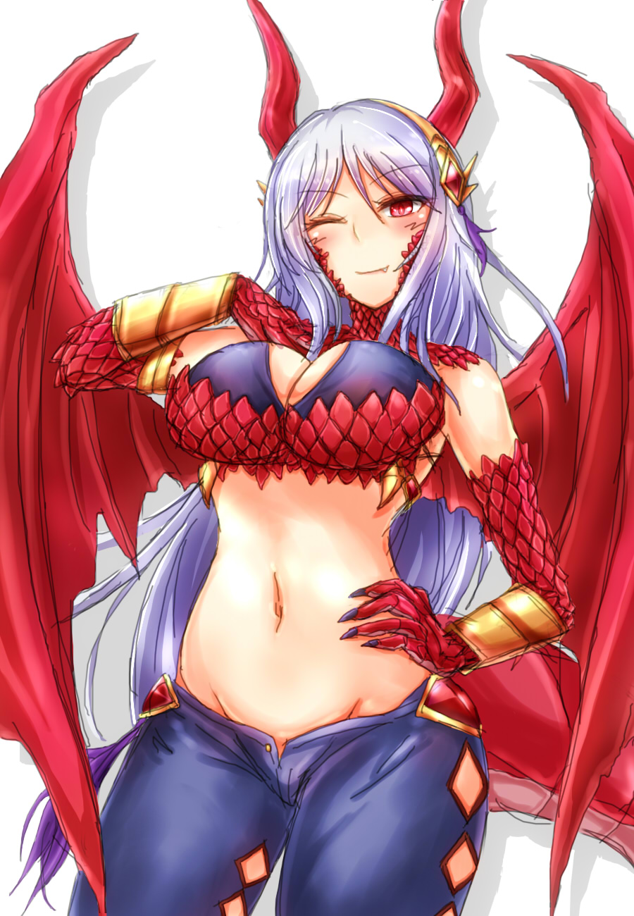 1girl, ;), bracer, claws, cowboy_shot, dragon_girl, dragon_horns, dragon_tail