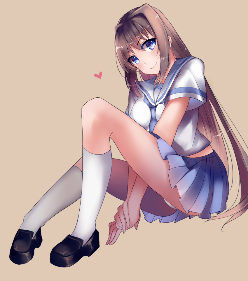 1girl, aozaki_aoko, blue_eyes, blue_skirt, brown_hair, hair_intakes, head_tilt, heart