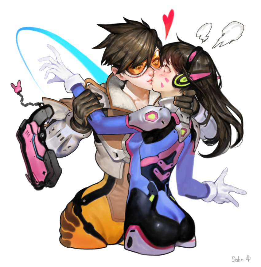 2girls, ass, black_hair, blush, bodysuit, cropped_jacket, cropped_legs, d.va_(overwatch)