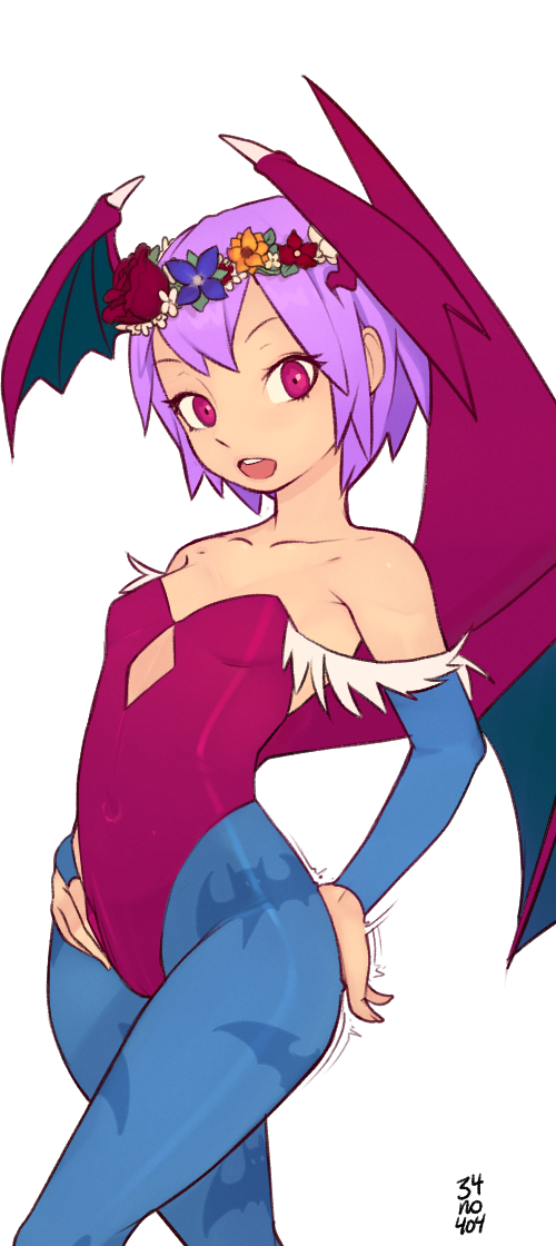 1girl, 34no404, bare_shoulders, bat_print, bat_wings, bridal_gauntlets, butt_slap, demon_girl, flat_chest, flower, hair_flower, hair_ornament, head_wings, lavender_hair, leotard, lilith_aensland, looking_at_viewer, pantyhose, pink_eyes, print_legwear, solo, succubus, vampire_(game), wings