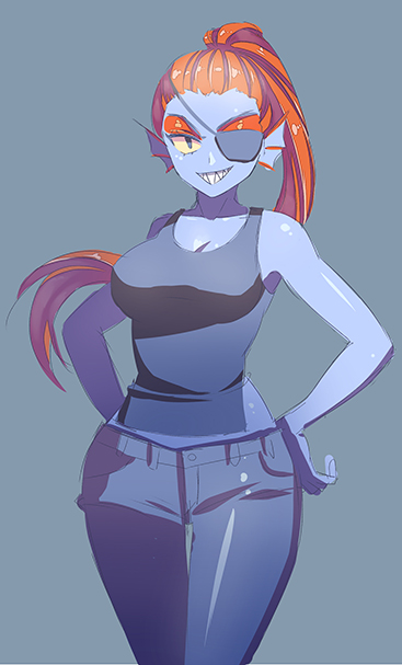 1girl, 4b, armpits, bare_arms, bare_shoulders, blue, blue_background, blue_eyes, blue_pants, blue_skin, breasts, cleavage, collarbone, cowboy_shot, denim, eyepatch, gradient, gradient_background, hands_on_hips, head_fins, high_ponytail, jeans, large_breasts, long_hair, looking_at_viewer, monster_girl, orange_hair, pants, ponytail, sharp_teeth, simple_background, sleeveless, smile, solo, standing, tank_top, teeth, tsurime, undertale, undyne