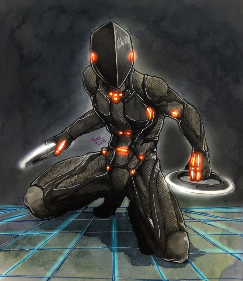 1boy, absurdres, artist_name, bodysuit, disc_(tron), dual_wielding, gloves, helmet, highres, jazzjack, kneeling, male_focus, neon_lights, neon_trim, rinzler, solo, squatting, tron, tron:_legacy