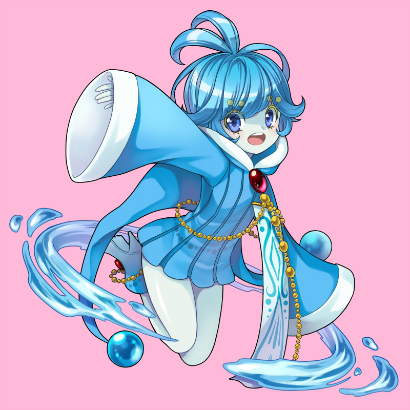 1girl, blue_eyes, blue_skin, eyebrows, eyebrows_visible_through_hair, full_body, gem, high_heels, hood, hood_down, kasuka108, manaphy, open_mouth, personification, pokemon, solo, water, wide_sleeves