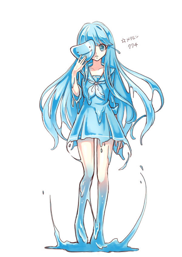 1girl, alternate_color, blue_eyes, blue_hair, blue_skirt, ditto, full_body, goo_girl