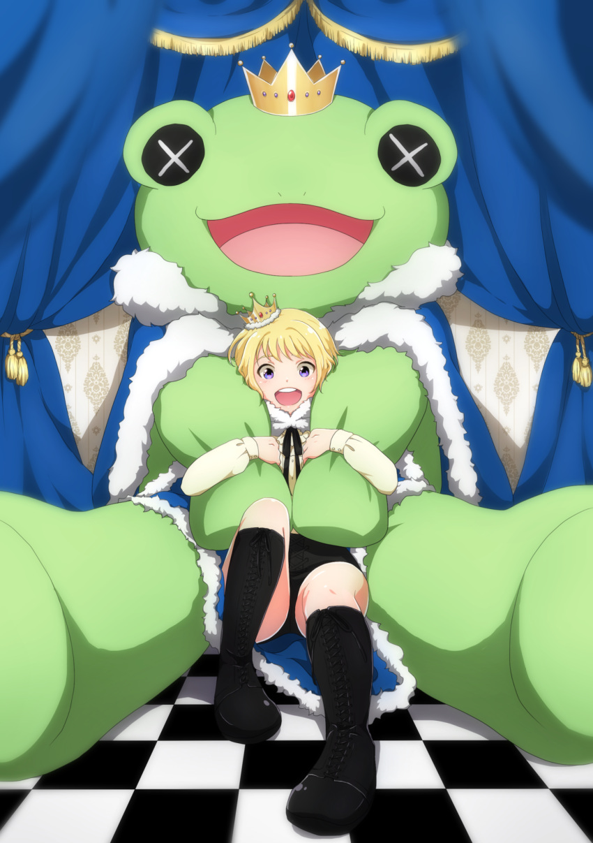 1boy, blonde_hair, blush, boots, crown, earrings, highres, idolmaster