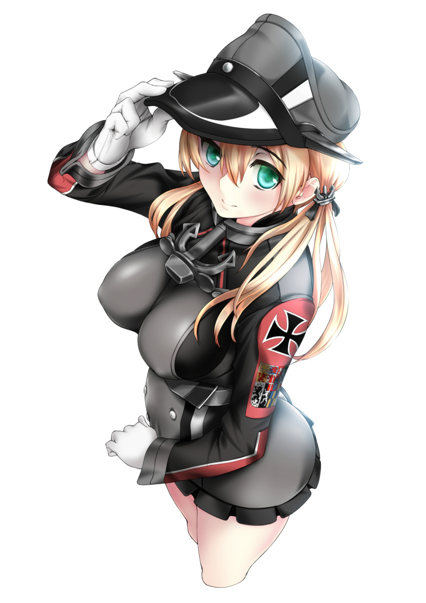 1girl, anchor, anchor_hair_ornament, blonde_hair, breasts, buttons, gloves, green_eyes, hair_ornament, hat, highres, iron_cross, kantai_collection, looking_at_viewer, peaked_cap, prinz_eugen_(kantai_collection), sleeve_cuffs, solo, thighs, twintails, usa_shouya, white_gloves