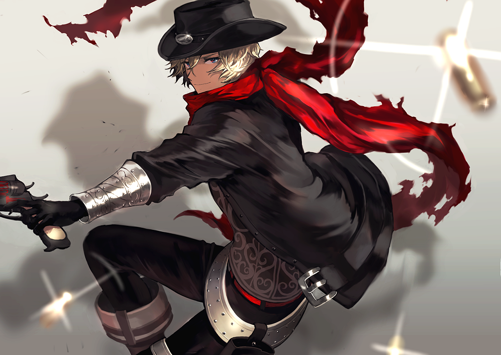 1boy, billy_the_kid_(fate/grand_order), blonde_hair, blue_eyes, cowboy_hat, fate/grand_order, fate_(series), gun