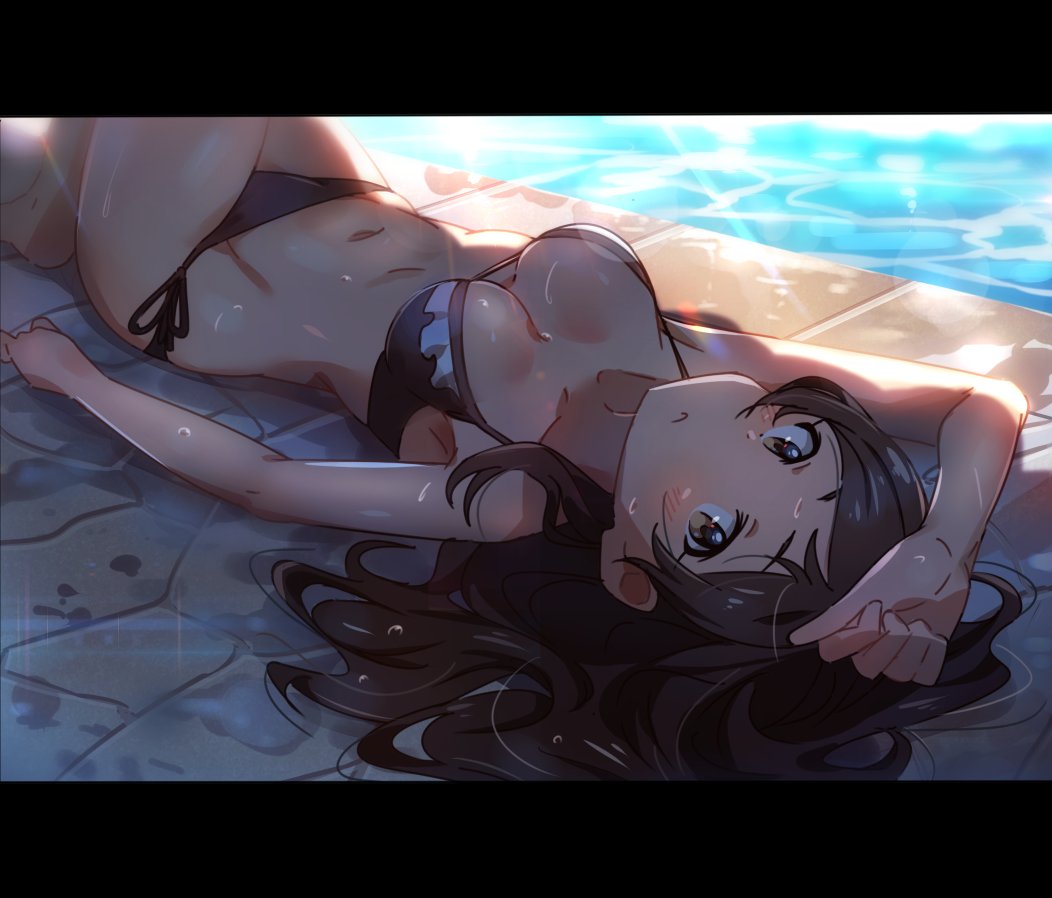1girl, bikini, blush, breasts, brown_eyes, brown_hair, groin, idolmaster, idolmaster_million_live!, kitazawa_shiho, lens_flare, letterboxed, long_hair, looking_at_viewer, lying, navel, on_back, pool, red10, side-tie_bikini, solo, sunlight, swimsuit, water, wet