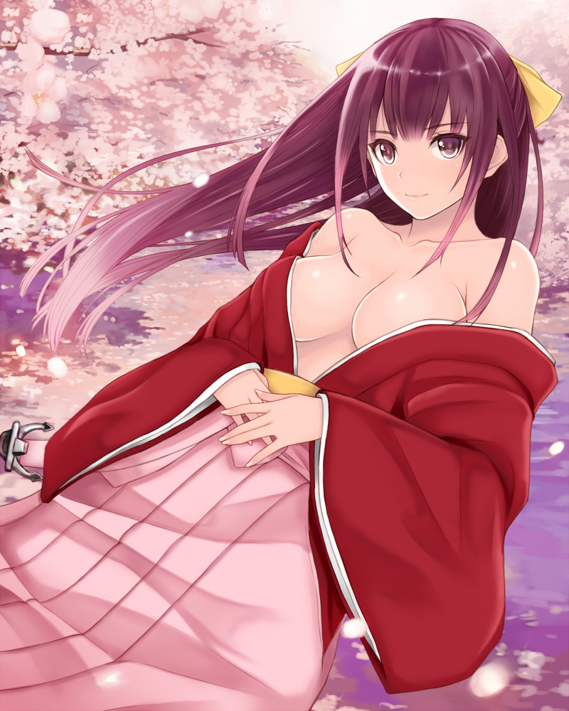 1girl, breasts, brown_eyes, brown_hair, cherry_blossoms, cleavage, collarbone, hair_ribbon
