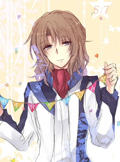1boy, birthday, blush, brown_hair, dated, flag, grey_eyes, houkiri_nemu, jacket, kasugai_koyo, long_hair, long_sleeves, shiny, shiny_hair, sketch, smile, solo, soukyuu_no_fafner, star, string_of_flags, uniform, upper_body