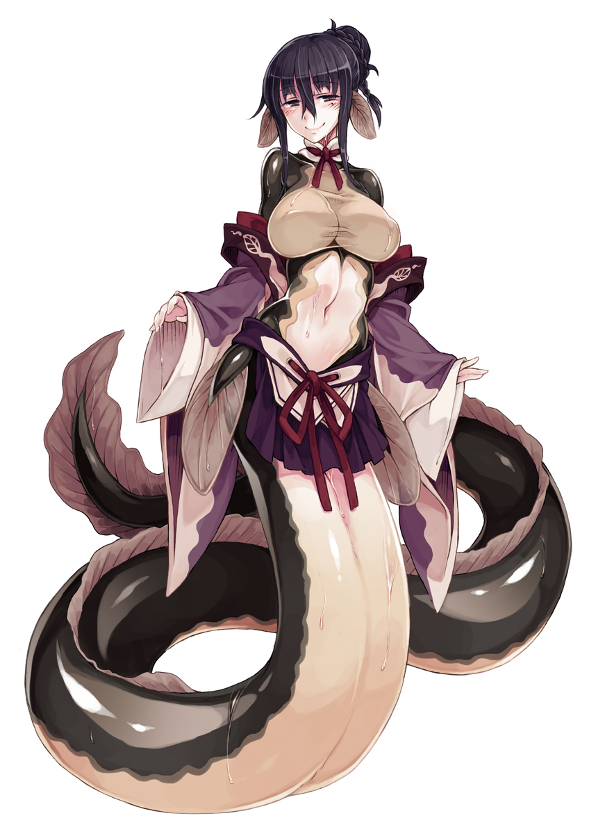 1girl, bangs, black_hair, blush, braid, breasts, covered_nipples, detached_sleeves