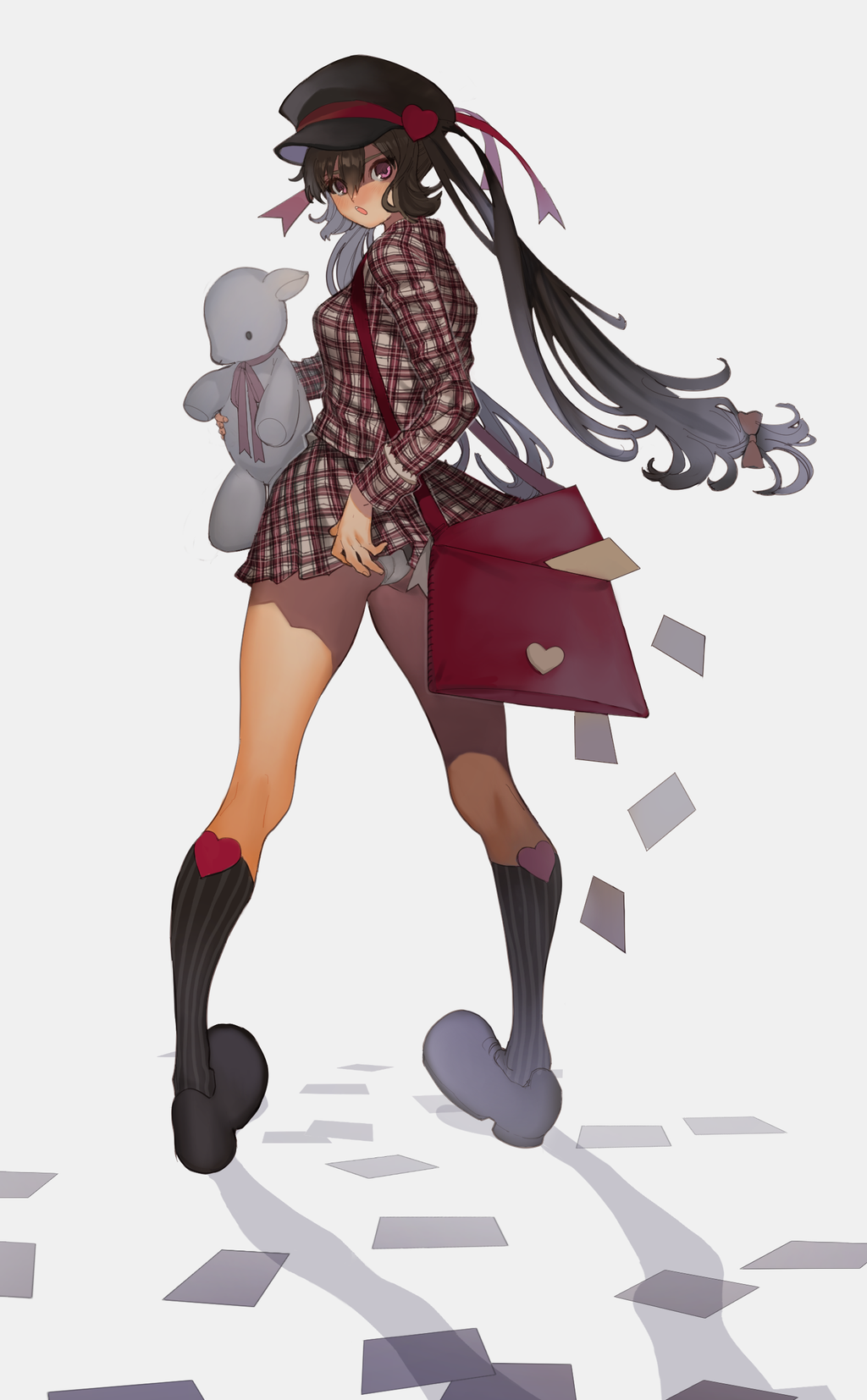 1girl, :o, aruterra, ass, bag, bangs, black_hair, black_hat, black_legwear, black_shoes, blush, bow, brown_bow, copyright_request, dropping, from_behind, hair_between_eyes, hair_bow, hat, hat_ribbon, heart, highres, holding, kneehighs, legs_apart, long_hair, long_sleeves, looking_at_another, looking_at_viewer, low-tied_long_hair, miniskirt, panties, pantyshot, pantyshot_(standing), paper, plaid, plaid_skirt, red_ribbon, ribbon, shade, shadow, shoes, shoulder_bag, simple_background, skirt, solo, standing, stuffed_animal, stuffed_goat, stuffed_sheep, stuffed_toy, twintails, underwear, violet_eyes, white_background, white_panties