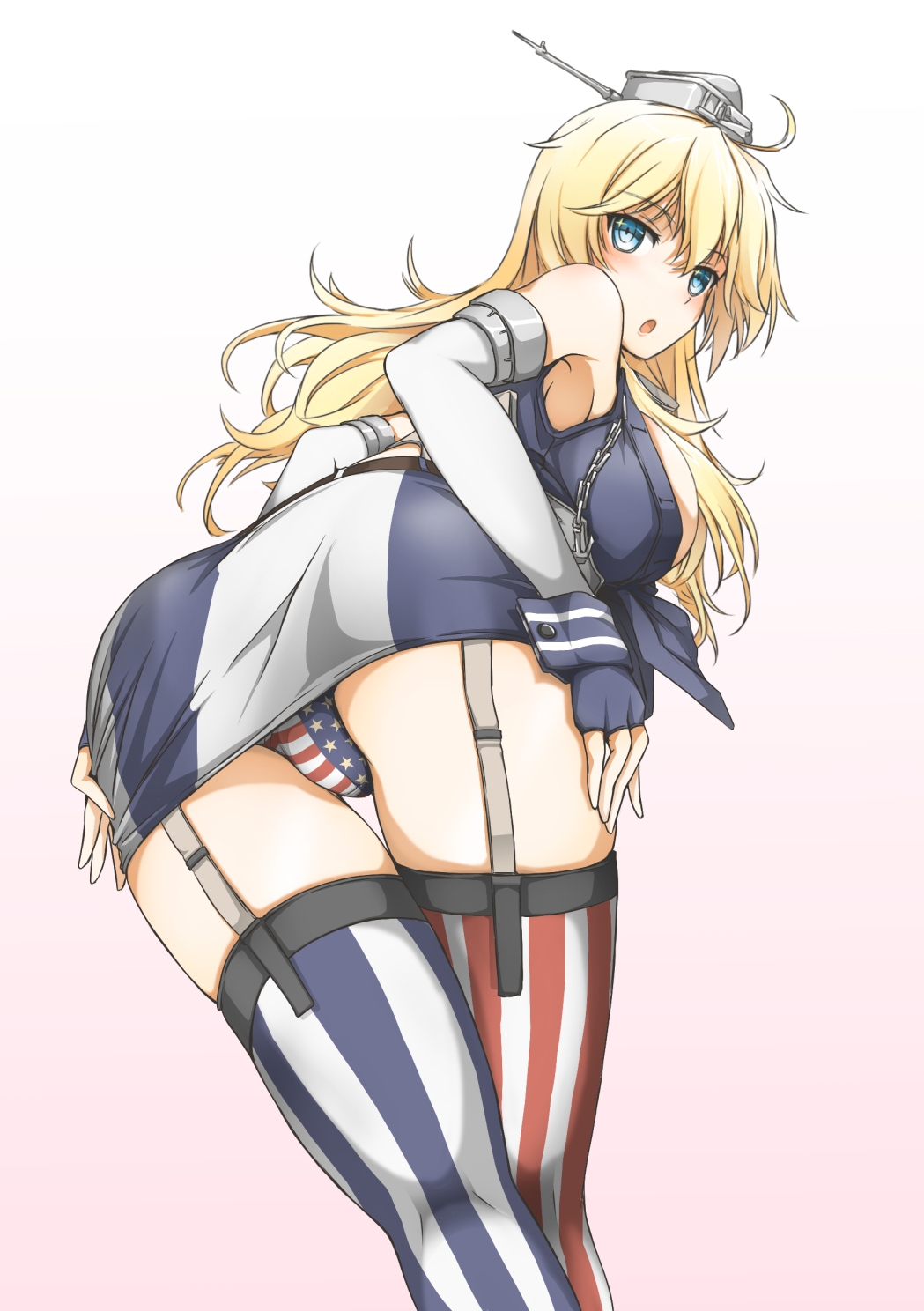 1girl, :o, american_flag_panties, anchor, armpits, ass, bangs, bent_over