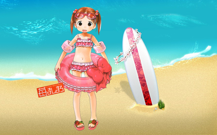 1girl, beach, bikini, bikini_skirt, cute, floral_print, ichigo_mashimaro, innertube