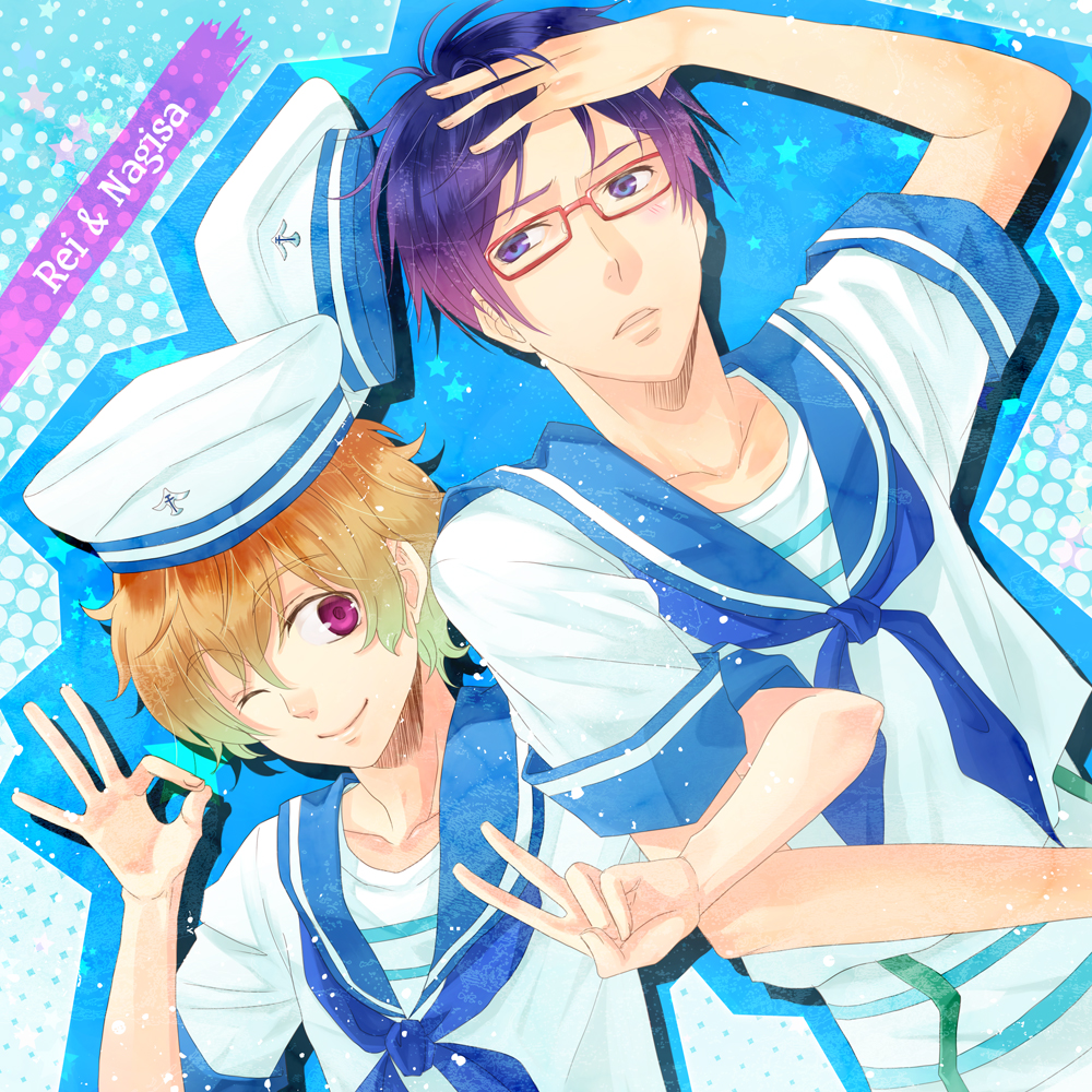 2boys, ;), blonde_hair, blue_hair, character_name, free!, glasses, hat