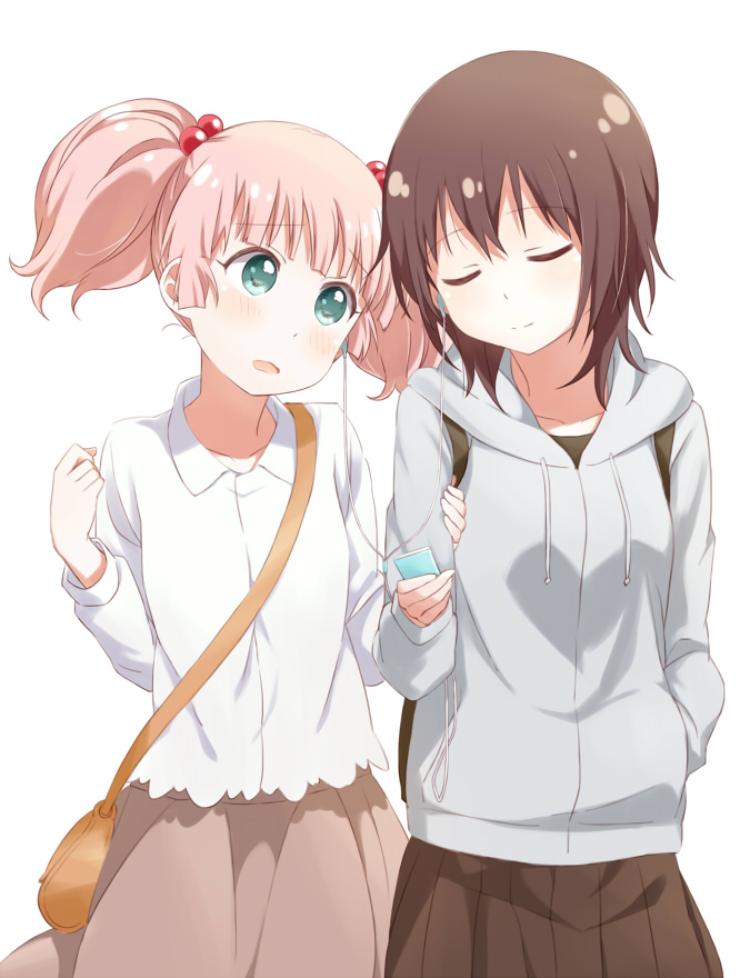 2girls, arm_holding, backpack, bag, blue_eyes, blush, brown_hair, casual