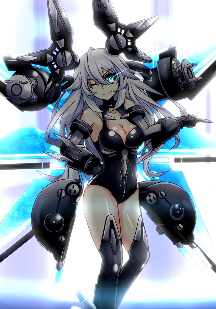 1girl, bangs, bare_shoulders, black_heart, blue_eyes, breasts, cleavage, detached_wings