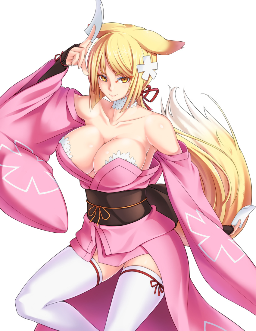 >:), 1girl, abe_no_seimei_(eiyuu_senki), absurdres, animal_ears, bare_shoulders, blonde_hair, breasts