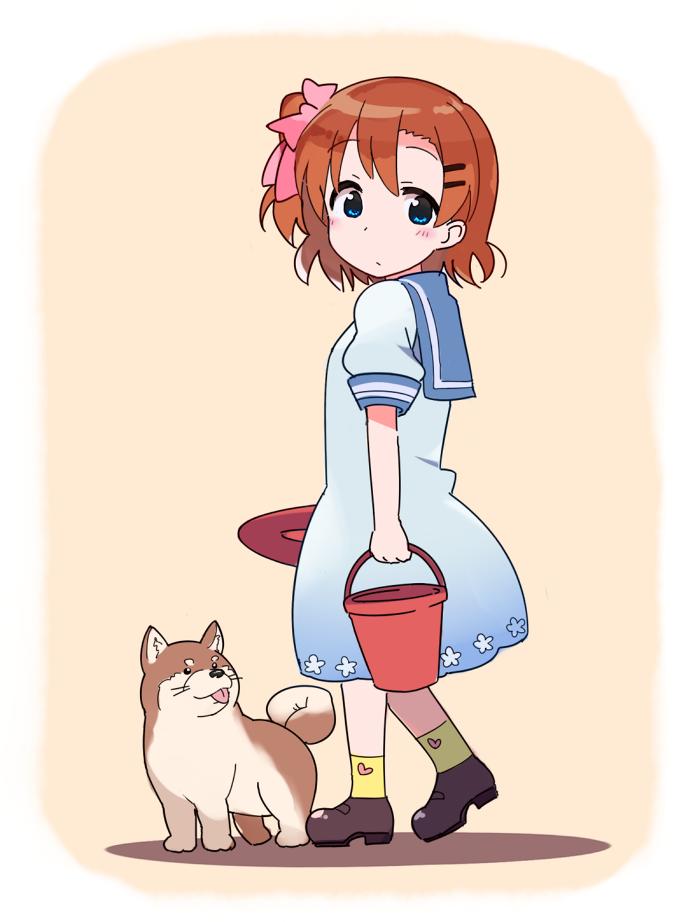 1girl, blue_eyes, bow, brown_hair, bucket, child, dog, dress