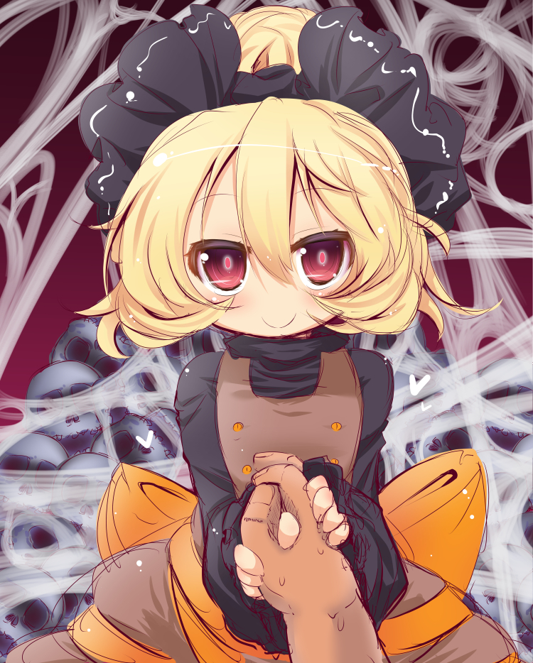 1girl, blonde_hair, bow, brown_dress, dress, glowing, glowing_eyes, hair_bow, holding_hand, kurodani_yamame, long_sleeves, looking_at_viewer, muuba, pov, pov_hands, red_eyes, shirt, silk, skull_pile, smile, solo_focus, spider_web, touhou, wide_sleeves