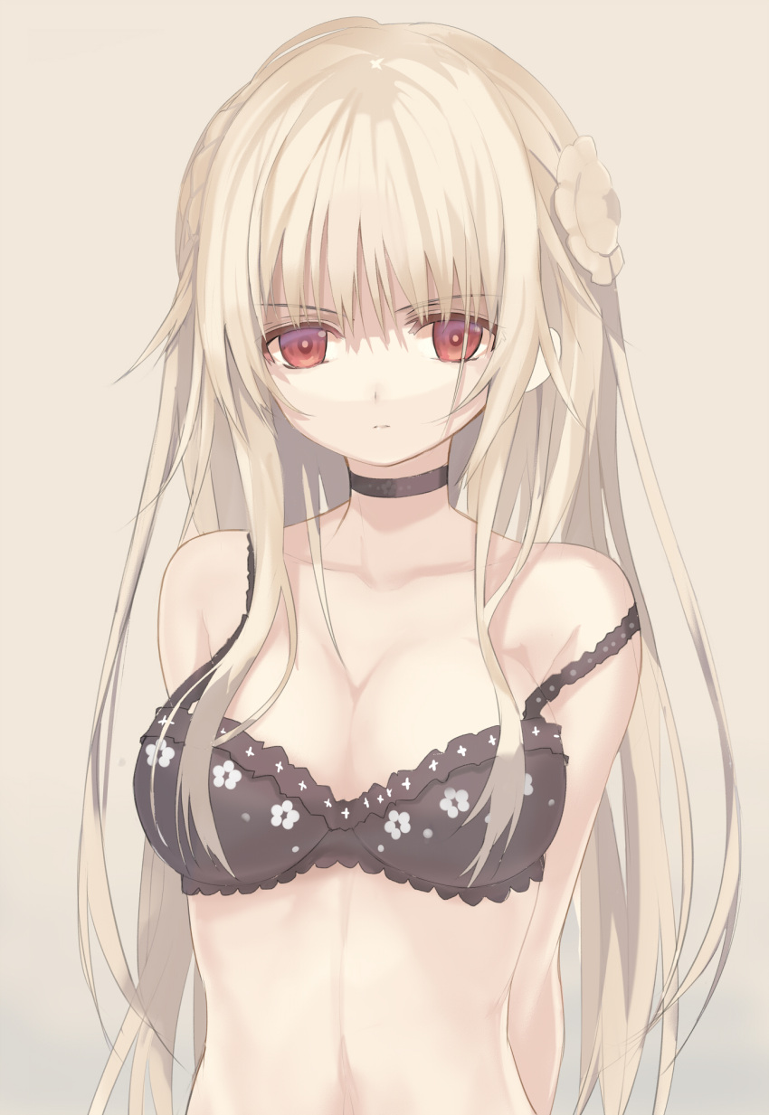 1girl, arms_behind_back, beige_background, black_bra, blonde_hair, bra, breasts, choker
