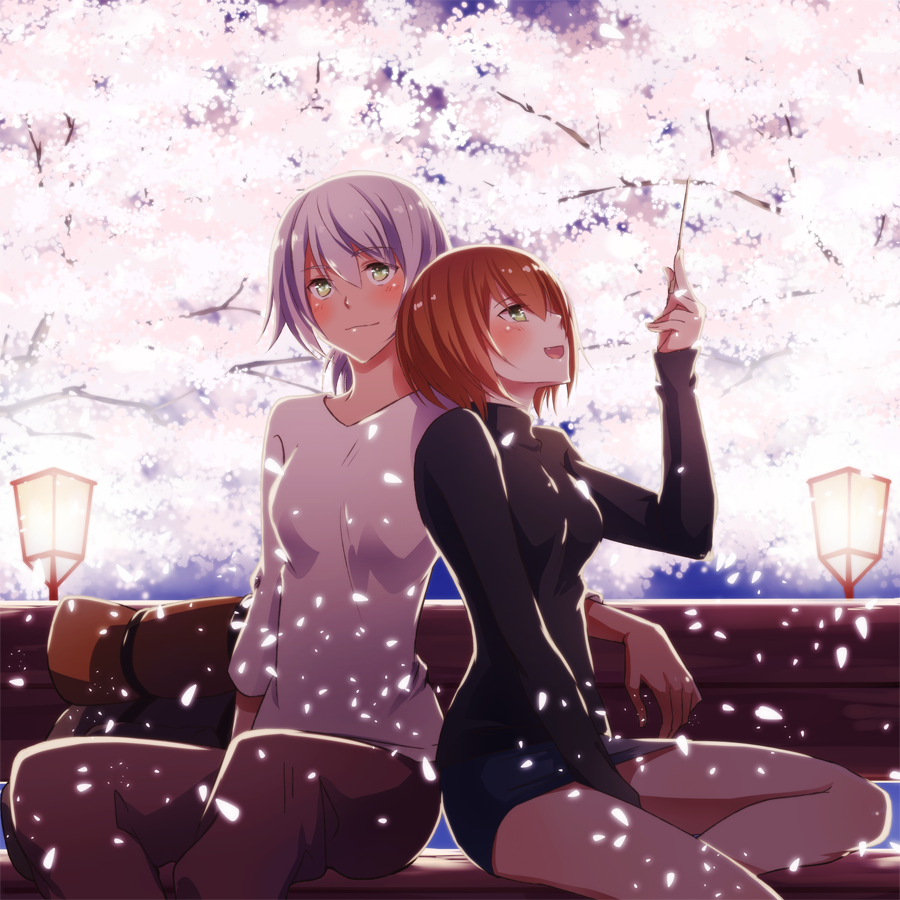 2girls, :d, aihara_kaya, bangs, bench, black_dress, blush, breasts