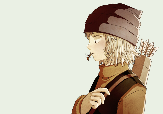 1boy, arrow, bee, black_eyes, blonde_hair, blush, bug, from_side