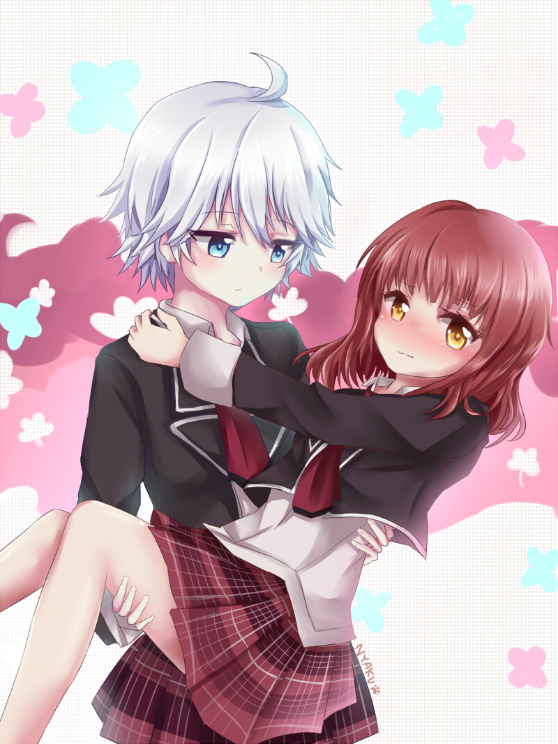 2girls, ahoge, anne_happy, blue_eyes, blush, carrying, ekoda_ren, hagyuu_hibiki