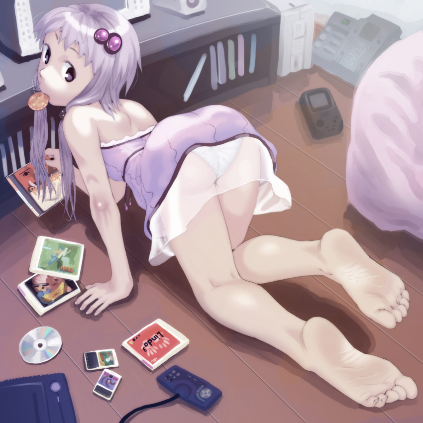 1girl, all_fours, ass, back, bare_shoulders, barefoot, cd, cd_case