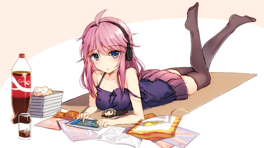 1girl, :3, ahoge, bismarck_(zhan_jian_shao_nyu), bison_cangshu, black_legwear, blue_eyes, blush, blush_stickers, book, book_stack, bottle, brand_name_imitation, breasts, camisole, character_doll, copyright_request, glass, headphones, highres, ice, ice_cube, lying, mat, no_shoes, on_stomach, open_book, outstretched_arms, pink_hair, pleated_skirt, potato_chips, purple_shirt, shirt, sketch, skirt, solid_oval_eyes, strap_slip, tablet, thigh-highs, tirpitz_(zhan_jian_shao_nyu), zhan_jian_shao_nyu