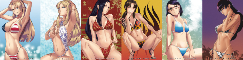 6+girls, american_flag_bikini, armpits, arms_behind_head, balalaika_(black_lagoon), bikini, bikini_pull, black_hair