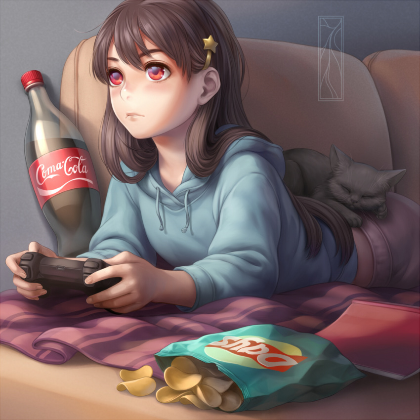 1girl, animal, animal_on_back, bangs, black_cat, blanket, book, bottle