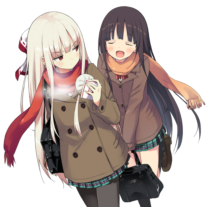 >:o, :o, alternate_costume, bag, bangs, black_hair, black_legwear, blush