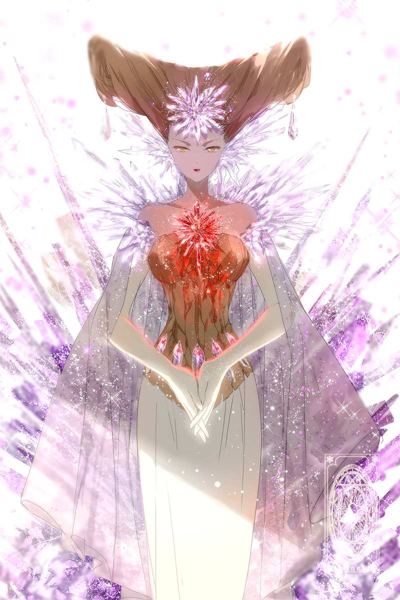 1girl, bare_shoulders, brown_hair, cape, card, cardcaptor_sakura, closed_mouth, clow_card, collarbone, crystal, dark_skin, dress, earthy_(clow_card), eyelashes, hair_ornament, highres, light_particles, light_smile, looking_at_viewer, own_hands_together, red_lips, shade, solo, standing, white_background, winni, yellow_eyes