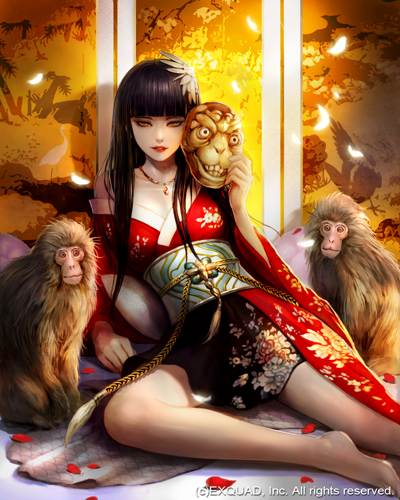 1girl, bangs, barefoot, black_hair, blunt_bangs, dragon's_shadow, hair_ornament, japanese_clothes