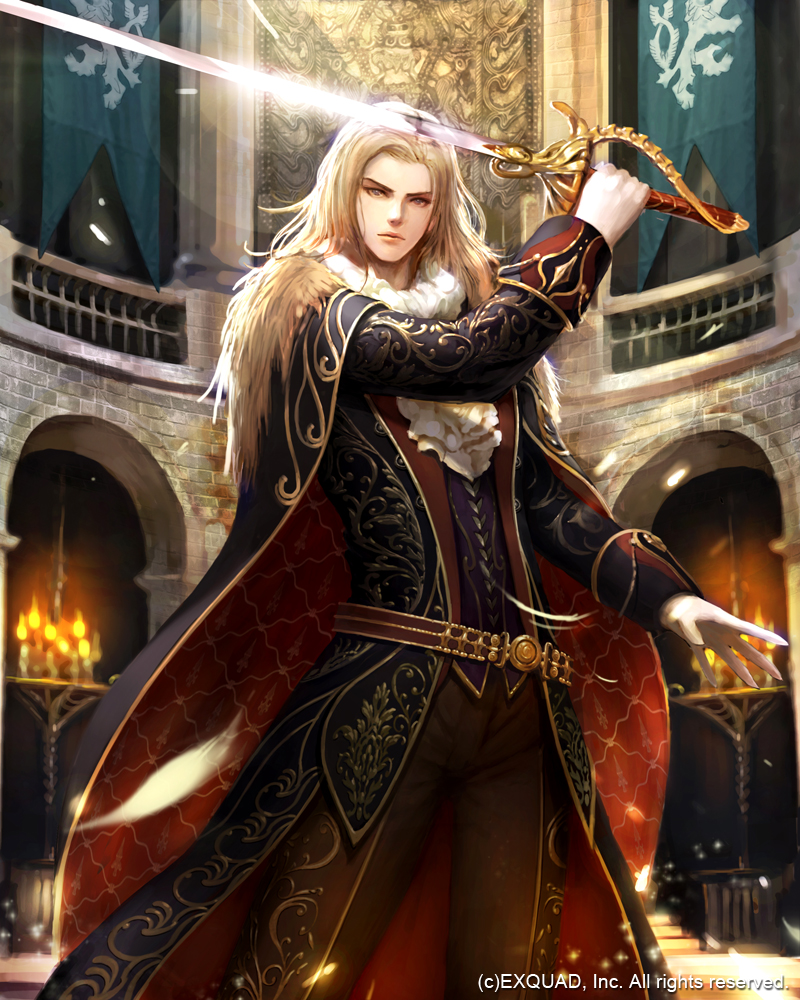 1boy, arch, ascot, banner, belt, belt_buckle, black_pants, blonde_hair