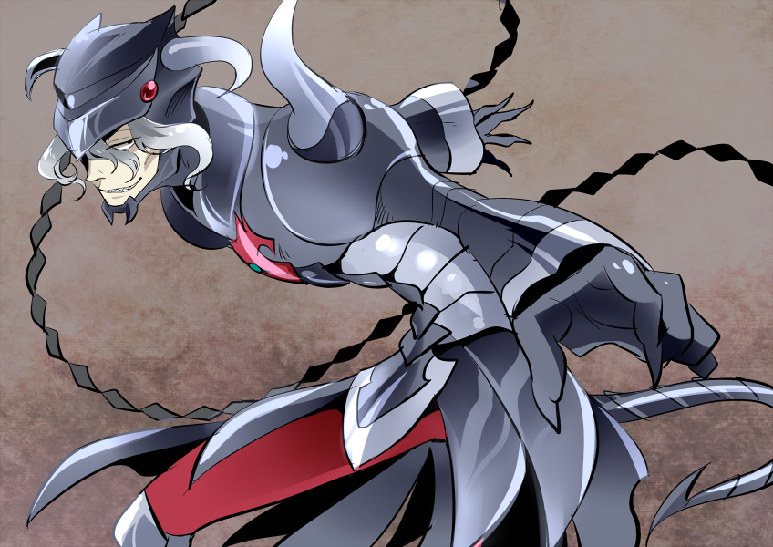 1boy, brown_background, gloves, grey_hair, helmet, horns, katori_(katokichi), nidhoggr_fafnir, saint_seiya, saint_seiya:_soul_of_gold, solo, tail