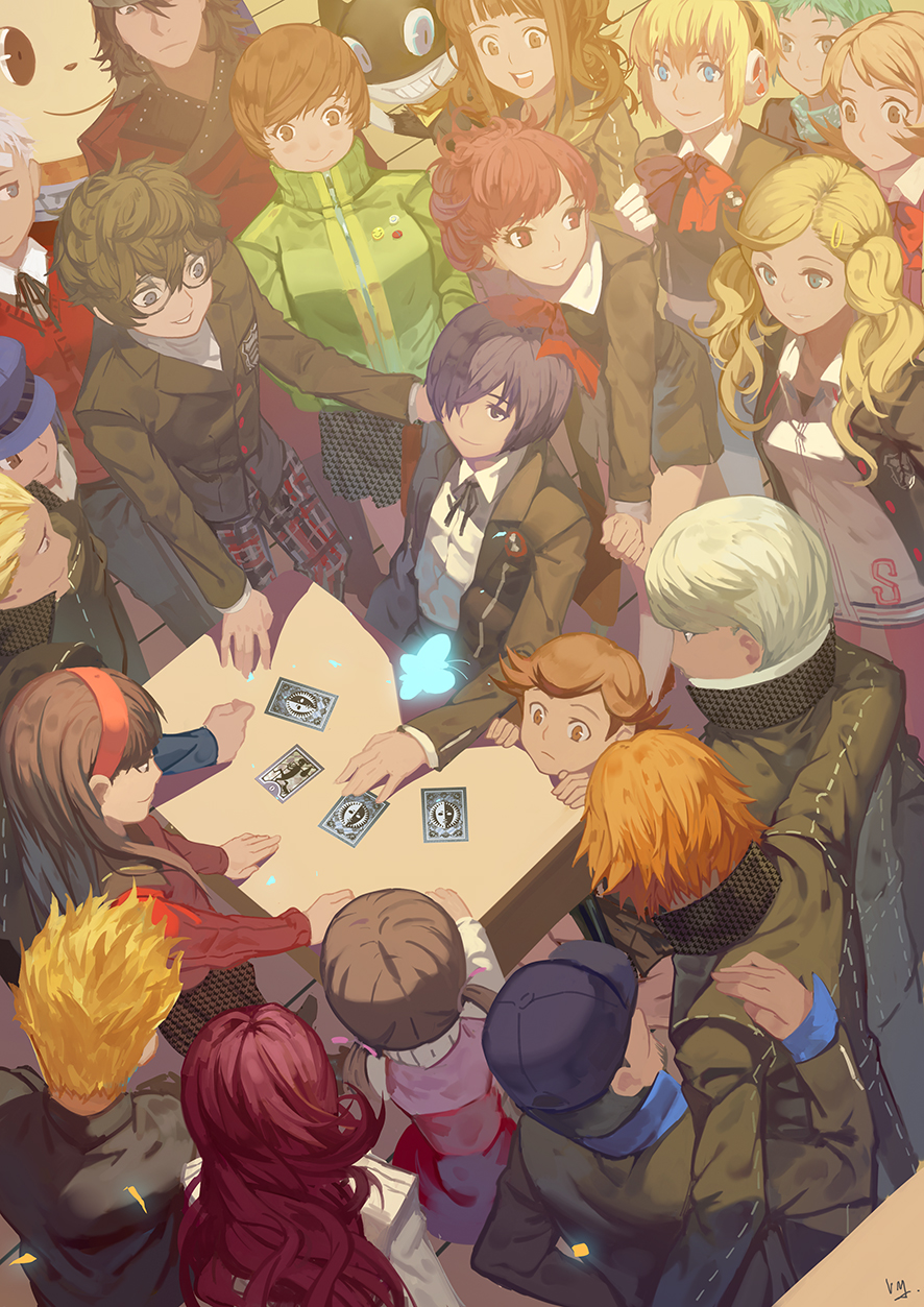 aegis, aegis_(persona), amada_ken, amagi_yukiko, aragaki_shinjirou, arisato_minato, commentary_request, doujima_nanako, female_protagonist_(persona_3), hanamura_yousuke, highres, iori_junpei, kirijou_mitsuru, kujikawa_rise, kuma_(persona_4), kurusu_akira, morgana_(persona_5), nanaya_(daaijianglin), narukami_yuu, persona, persona_3, persona_4, persona_5, protagonist_(persona_5), sakamoto_ryuuji, sanada_akihiko, satonaka_chie, shirogane_naoto, takamaki_ann, takeba_yukari, tarot, tatsumi_kanji, yamagishi_fuuka, yousuke_hanamura, yuuki_makoto