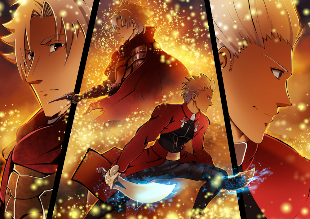 archer, armor, blue_eyes, brown_eyes, cape, cloak, closed_eyes, commentary_request