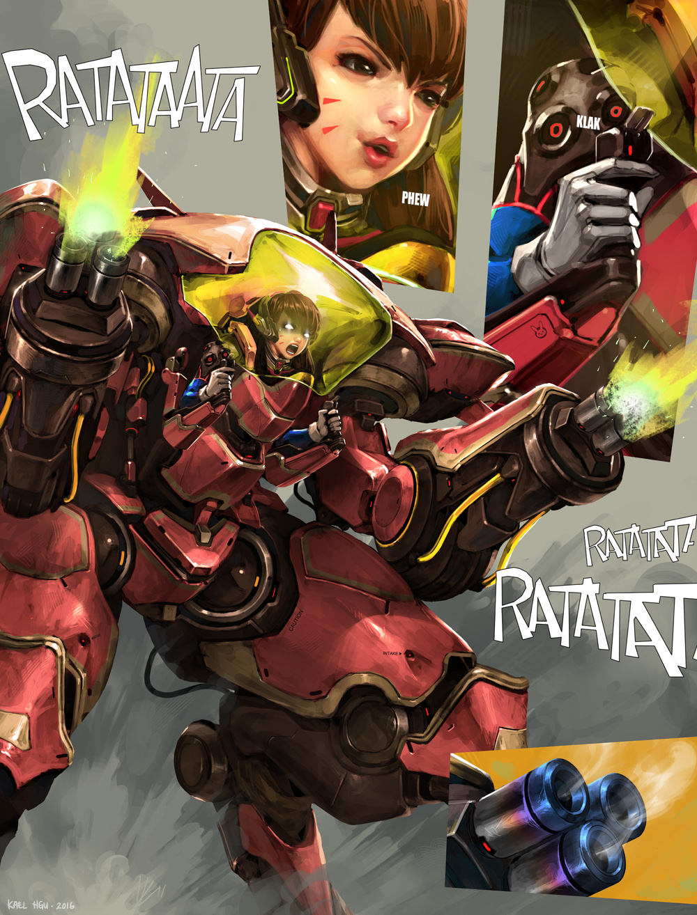 1girl, brown_hair, cockpit, controller, d.va_(overwatch), dual_wielding, gatling_gun, gloves