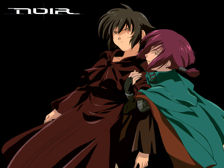 1600x1200, arm_grab, brown_hair, chloe_(noir), cloak, fingerless_gloves, gloves, noir