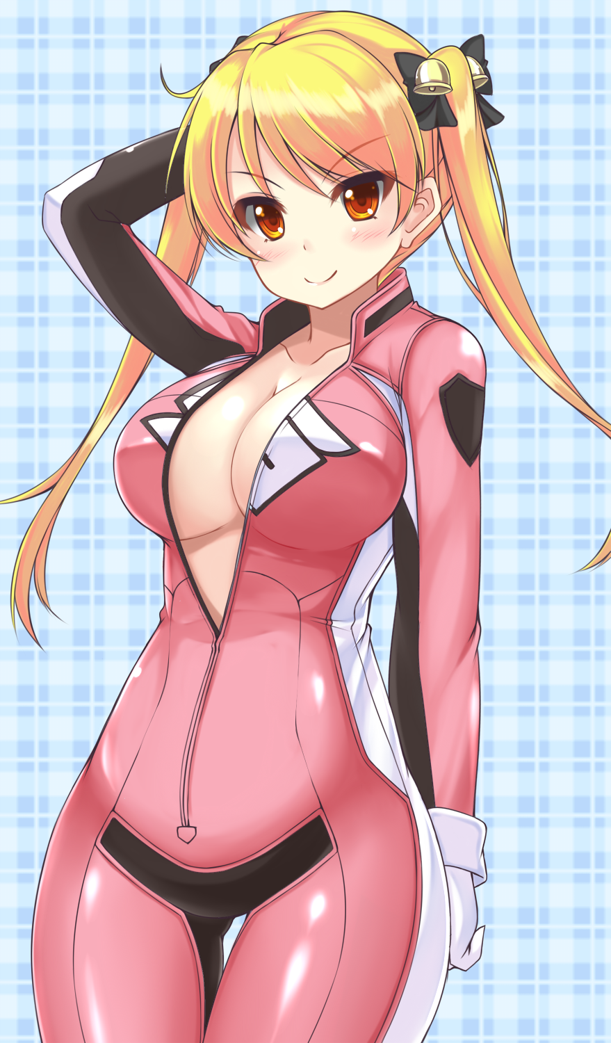 1girl, arm_behind_back, arm_up, bakuon!!, bell_hair_ornament, biker_clothes, bikesuit, black_ribbon