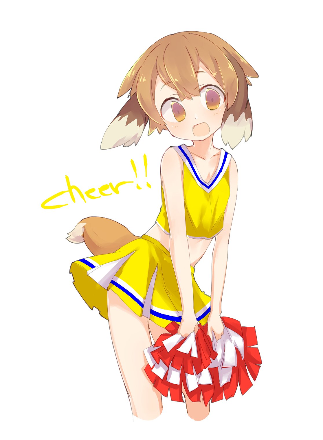 1boy, animal_ears, blush, brown_hair, cheerleader, crop_top, crossdressinging, dog_ears