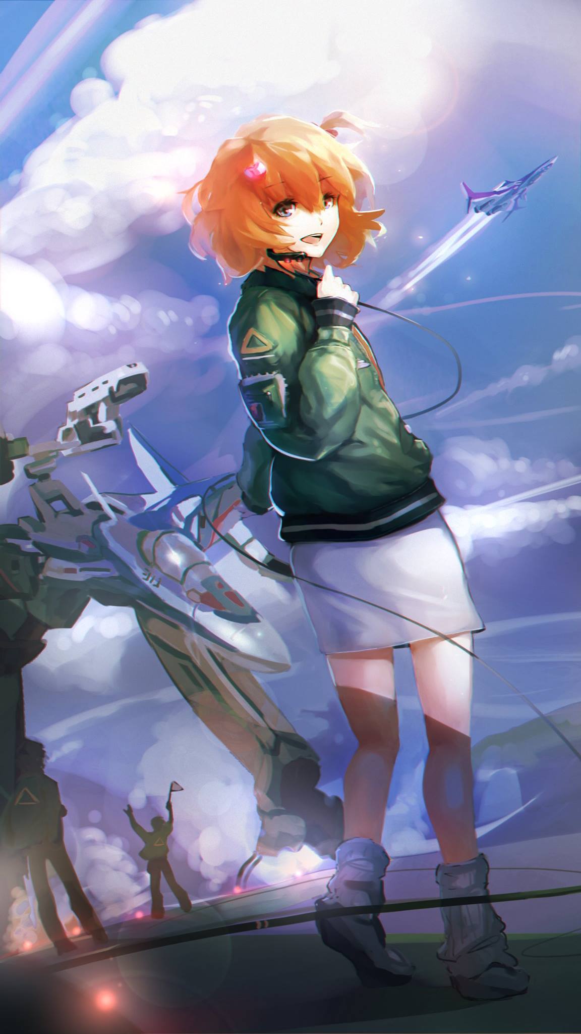 awwnime, blue_eyes, freyja_wion, headset, highres, jacket, looking_at_viewer, macross, macross_delta, orange_hair, pencil_skirt, short_ponytail, side_ponytail, skirt, variable_fighter, vf-31_siegfried, vf-31c, vf-31j
