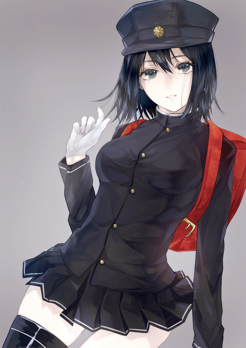 1girl, akitsu_maru_(kantai_collection), azi_(ususio6), backpack, bag, black_eyes, black_hair, hat, highres, kantai_collection, peaked_cap, randoseru, remodel_(kantai_collection), short_hair, solo, uniform